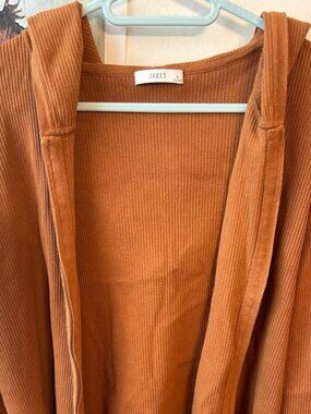 Rust Burnt Orange Ribbed Hooded Open Front Cardigan Size S Cozy Fall Knit